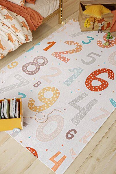 Oriente Home Figürlü Beyaz Çocuk Halısı Anti-bakteriyel Kaymaz Taban Şönil Ma...