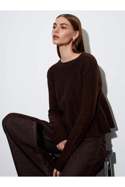 Dilvin 10832 Peplum Glitter Knit Sweater-Brown