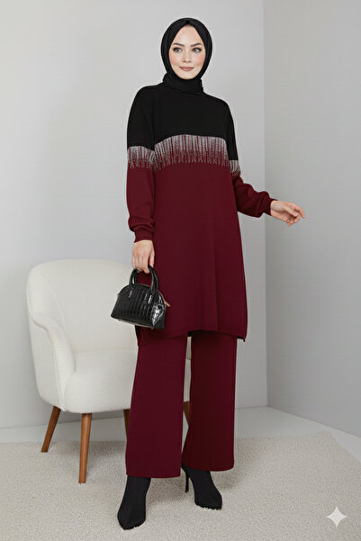 MODAQU Su Yolu Glitter Knitwear Tunic Trousers Set - Claret Red