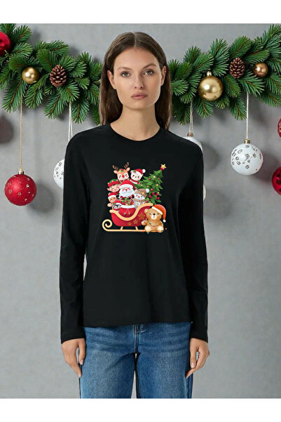 ELNOYA سويت شيرت مريح بأكمام طويلة للجنسين باللون الأسود مطبوع خيطًا من نوع “...