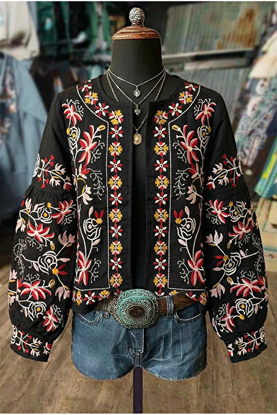 FEMELLE Women's Black Balloon Sleeve Embroidered Cotton Jacket