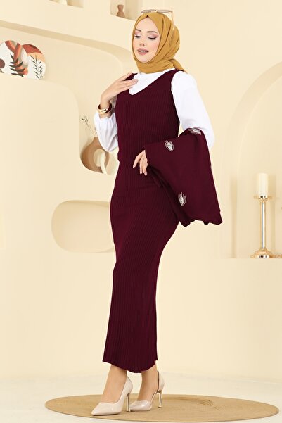 ModaMerve Boncuk Detaylı Elbiseli Takım 1001MT581-MS Bordo
