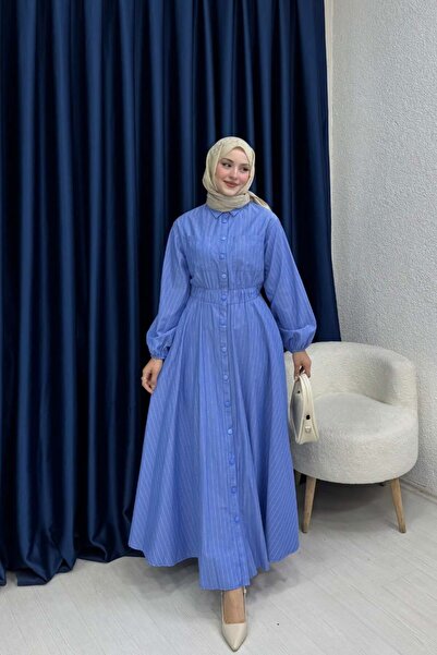 lurex moda فستان مخطط بأزرار كبس