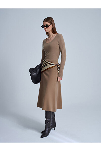 Dilvin 80390 Elastic Waist Knitted Midi Skirt-Mink