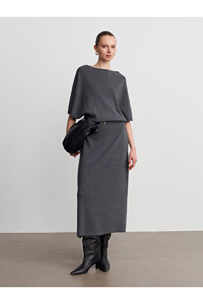 Dilvin 90266 Wool Blend Boat Neck Belted Knit Dress-Smoke M.