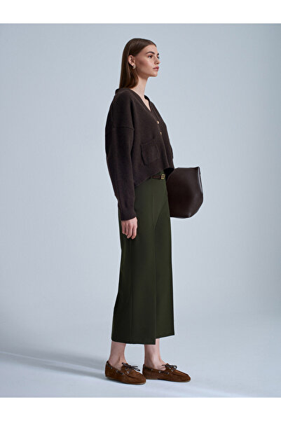 Dilvin 71276 Side Zippered Belted Fabric Trousers-Khaki