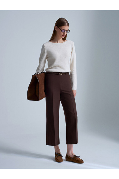 Dilvin 71276 Side Zippered Belted Fabric Trousers-Brown