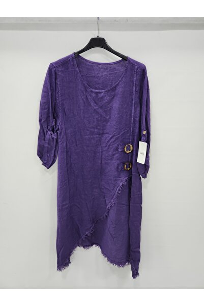 della moor Women's Purple Italian Deep Side Y Slit Long Linen Tunic