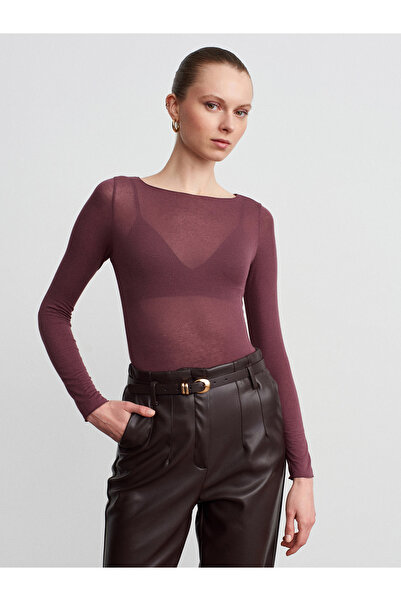 Dilvin 32122 Boat Neck Modal Cashmere Ultra Light Blouse-Dark Plum