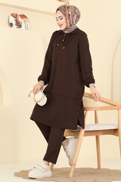 ModaMerve Yarım Çıtçıtlı Krep Takım 25007UKB139-MS Kahve