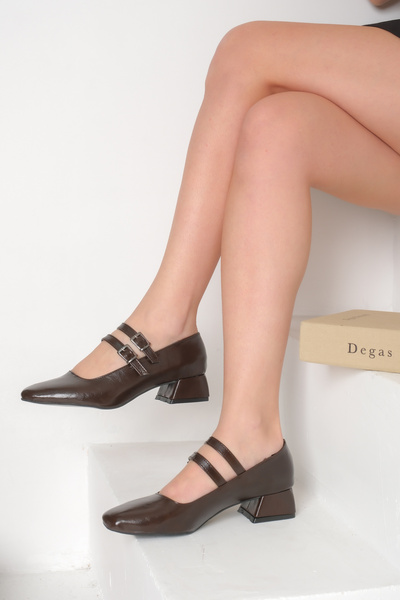 Saltopik Brown Square Toe Double Buckle Short Heeled Shoes