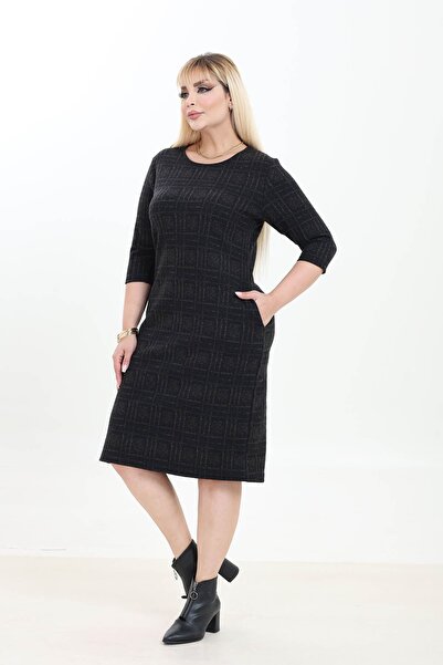 modayız Double Pocket Patterned Stretchy Winter Plus Size Midi Dress 22A-2753