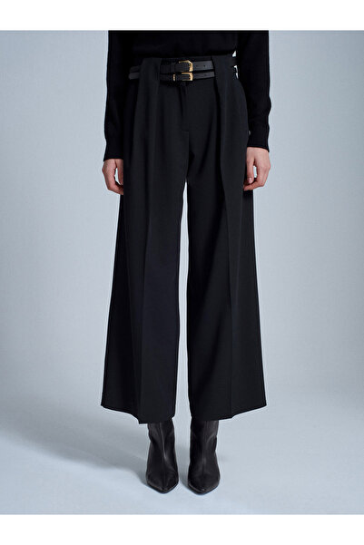 Dilvin 72220 Double Belted Pleated Fabric Trousers-Black