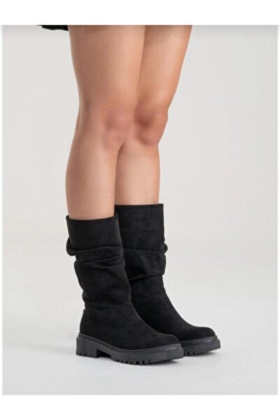 QUEEN حذاء نسائي أسود من جلد الغزال برباط DEMONİ