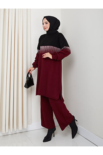 MODAQU Su Yolu Glitter Knitwear Tunic Trousers Set - Claret Red