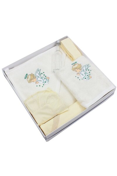 PRICHINDEL Set botez din bumbac, Înger Verde, 6 piese, crem