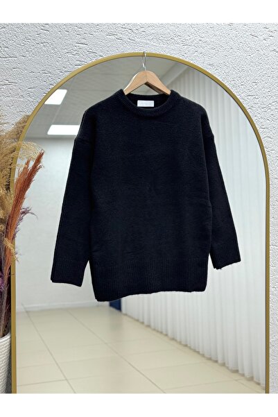 MİHRA STORE سترة Aylin برقبة دائرية وجزء سفلي مطاطي قصة فضفاضة- Zİ7035 أسود