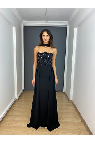 gökkuşagı moda Siyah Straplez Üst İncili Pelerin Etek Detaylı Uzun Abiye Elbise