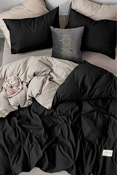 İQON Elastic Fitted Sheet Bedding Set 100% Cotton Double Size Outlet-Beige-Black (Defective)