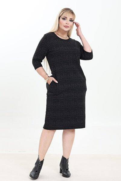 modayız Double Pocket Patterned Stretchy Winter Plus Size Midi Dress 22A-2753