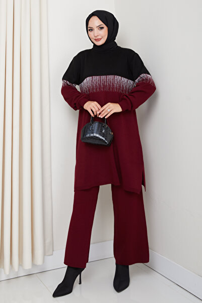 MODAQU Su Yolu Glitter Knitwear Tunic Trousers Set - Claret Red