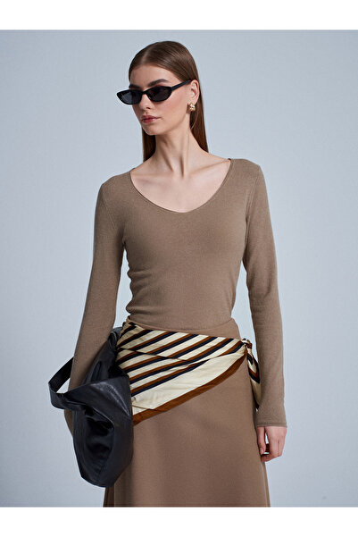 Dilvin 10842 V-Neck Cashmere Blend Sweater-Red M.