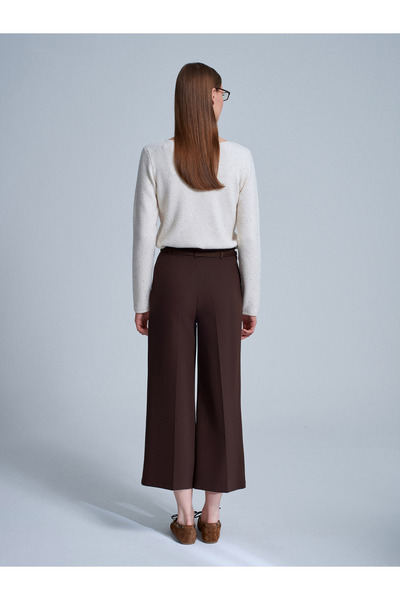 Dilvin 71276 Side Zippered Belted Fabric Trousers-Brown