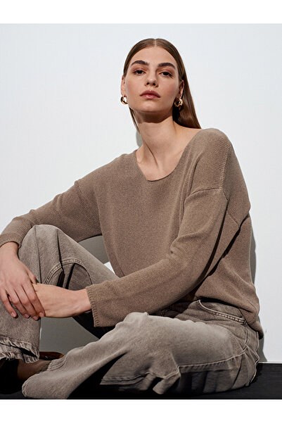 Dilvin 10706 Oval Neck Draped Sweater-Dark Mink