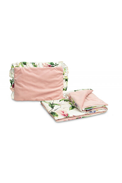 Sensillo Set of ruffled cushion and quilt for stroller/pram/baby bed Magnolia Pink with two f