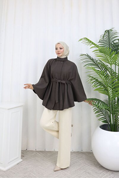 Rema Water-Repellent Imported Chestnut Fabric with Belt and Button Detail Poncho