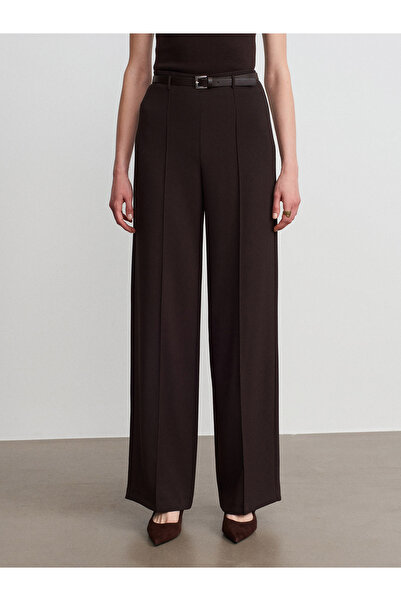 Dilvin 71932 Stitched Detailed Belted Trousers-Dark Brown