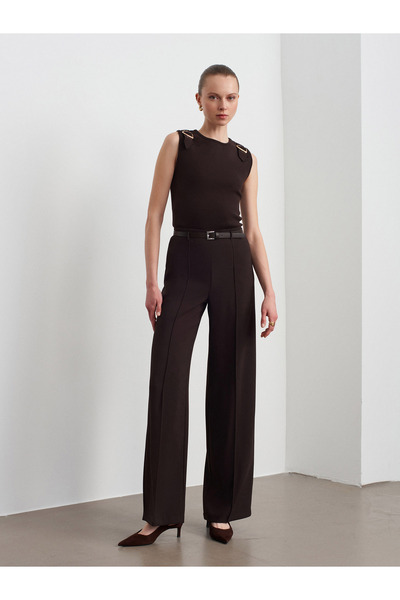 Dilvin 71932 Stitched Detailed Belted Trousers-Dark Brown