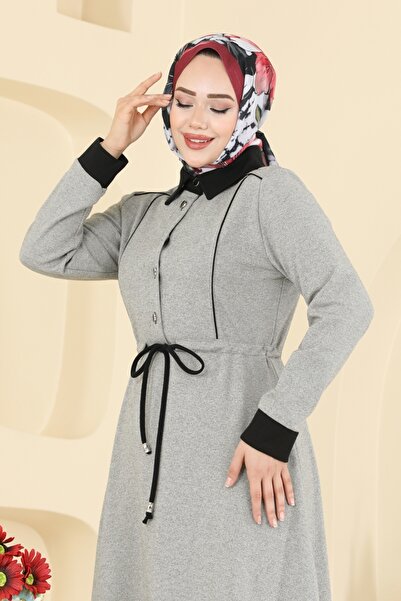 ModaMerve Beli Tünelli Tivit Elbise PL9188-MS Gri