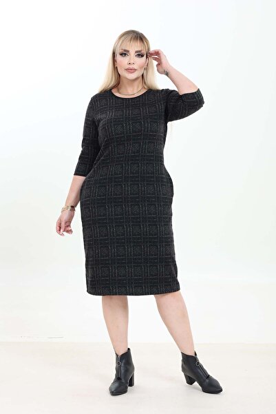 modayız Double Pocket Patterned Stretchy Winter Plus Size Midi Dress 44A-2751