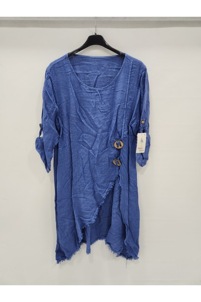 della moor Women's Blue Italian Deep Side Y Slit Long Linen Tunic