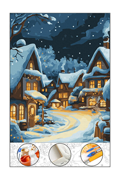 abbara Sayılarla Boyama Hobi Seti Tuval Fırça Boya Dahil Kasnaklı 40x50 Cm Kış Masalı Yılbaşı Tablo