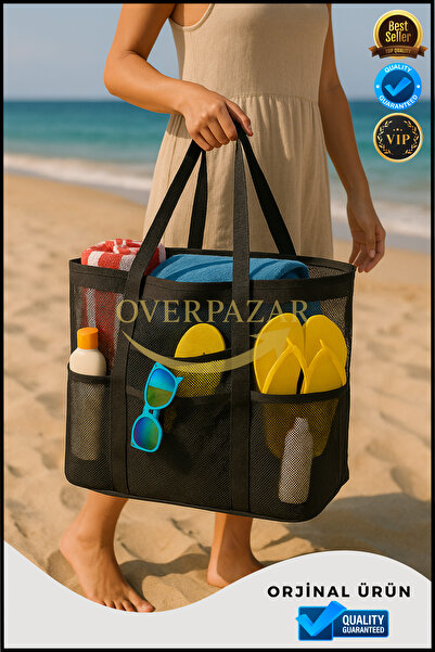 Overbazaar Large Mesh Beach Bag – Lightweight Organizer Bag with 9 Compartmen...
