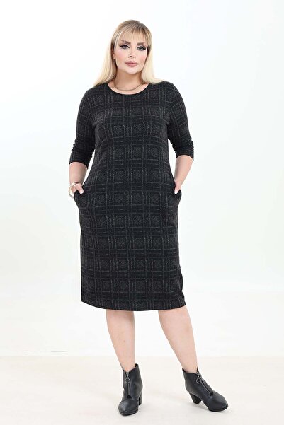 modayız Double Pocket Patterned Stretchy Winter Plus Size Midi Dress 44A-2751