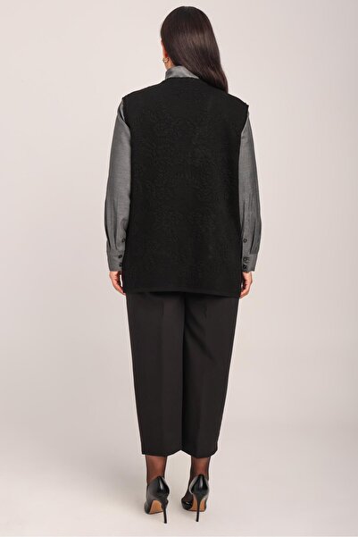 Uludağ Triko Women's Black Embossed Floral Patterned Pocketed Knitwear Knitted Mother Vest