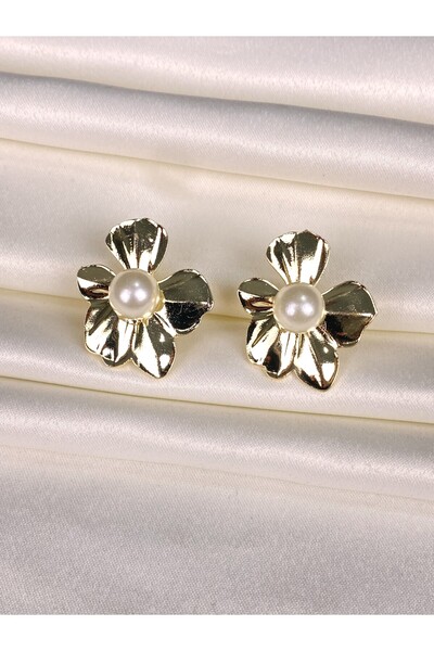 Furtek Aksesuar Women's Pearl Flower Steel Earrings Flower Model Gold Plated Non-Tarnish
