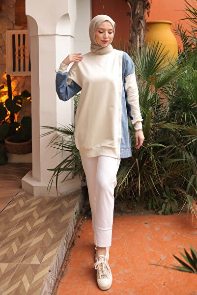 İmajButik Ecru Kot Paneled Modal Tunic