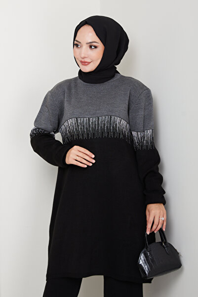 MODAQU Su Yolu Glitter Knitwear Tunic Trousers Set - Black