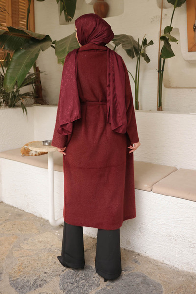 İmajButik Burgundy Belted Long Angora Cardigan