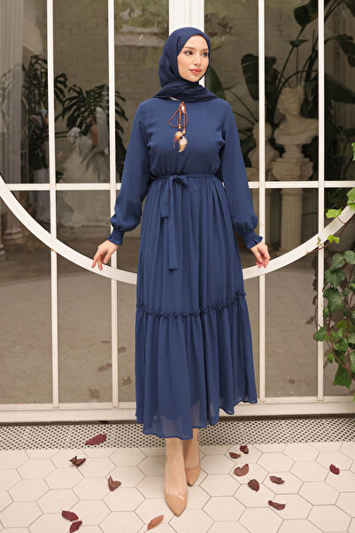 İmajButik Navy Blue Skirt Layered Belted Chiffon Dress