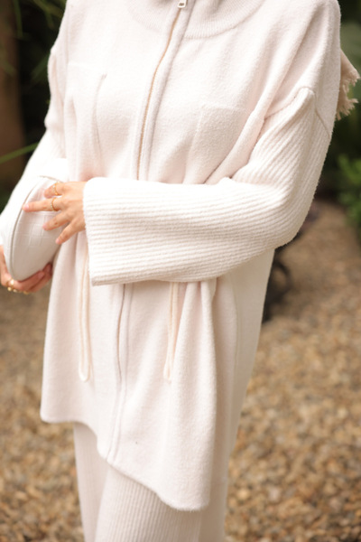 İmajButik Ecru Zippered Angora Soft Cardigan Trouser Set