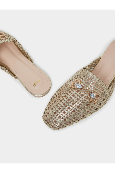 Styli Gold Woven Mule Loafers