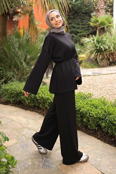 İmajButik Black Waist-Tie Tunic with Pants Modal Set