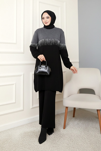 MODAQU Su Yolu Glitter Knitwear Tunic Trousers Set - Black