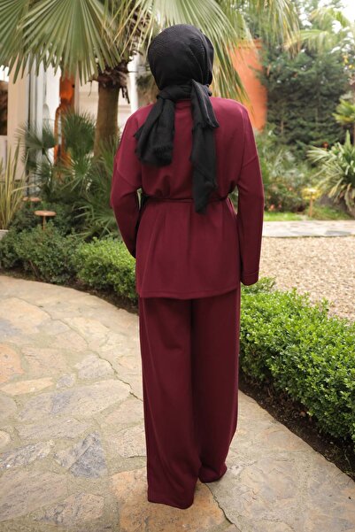 İmajButik Burgundy Waist-Tied Tunic with Pants Modal Set
