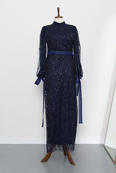 İmajButik Navy Blue Beaded Sequined Belted Evening Dress
